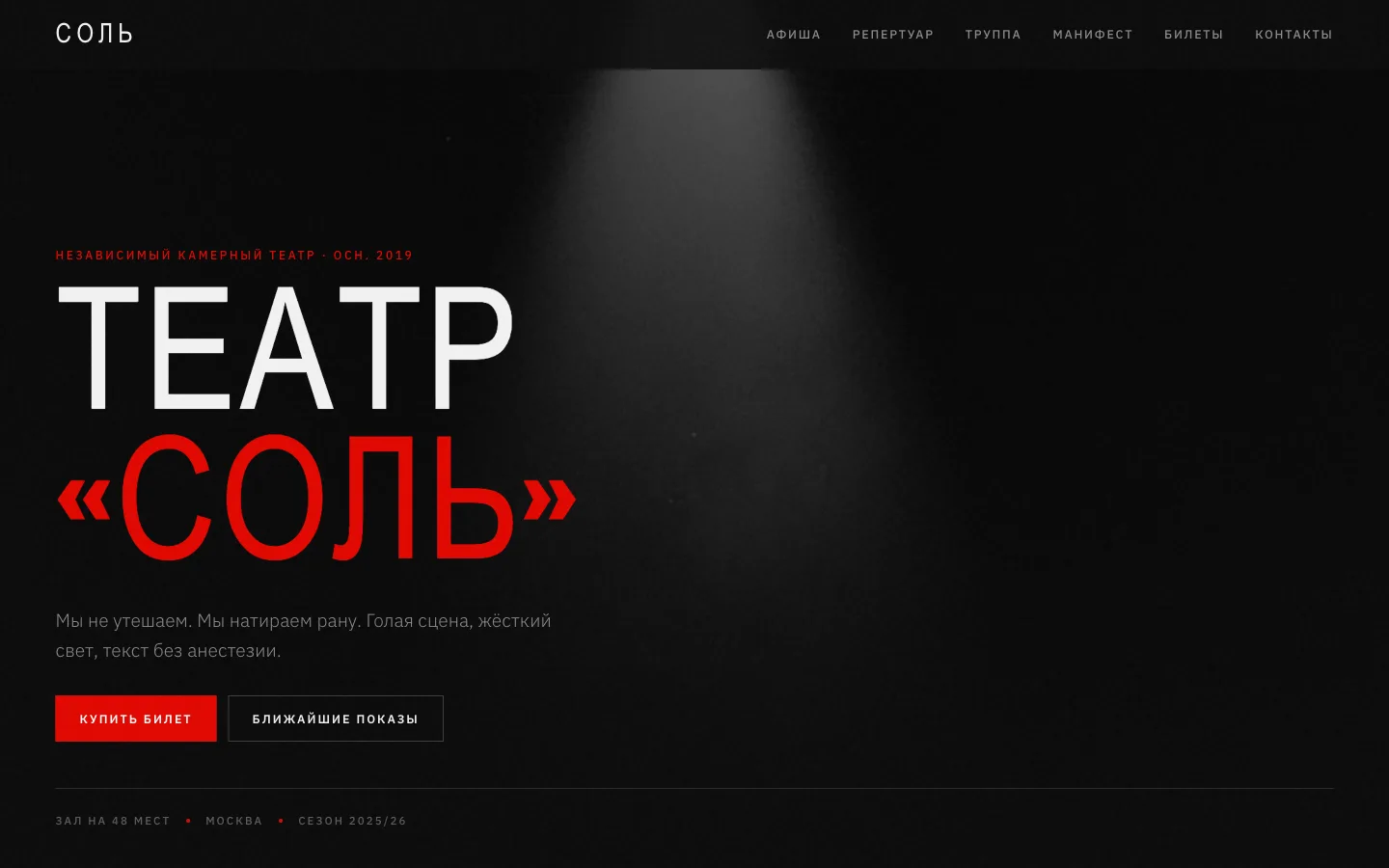 Главный экран сайта театра «СОЛЬ»: гигантская надпись ТЕАТР «СОЛЬ» с красным акцентом на фоне тёмной сцены в луче прожектора